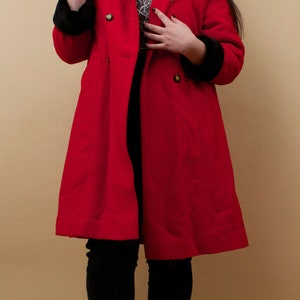 80s Vtg Rothschild Red & Black Faux Fur Wool Military Inspired Pea Coat Double Breasted Button Mock Collar Plus Size Designer L XL 12 tag 14 image 2