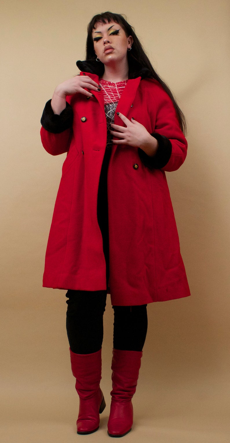 80s Vtg Rothschild Red & Black Faux Fur Wool Military Inspired Pea Coat Double Breasted Button Mock Collar Plus Size Designer L XL 12 tag 14 image 2