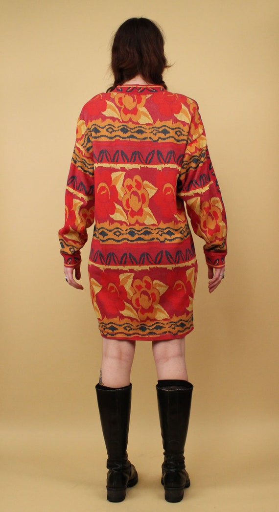 80s Vtg Floral 100% Cotton Sweater Mini Dress Lon… - image 7