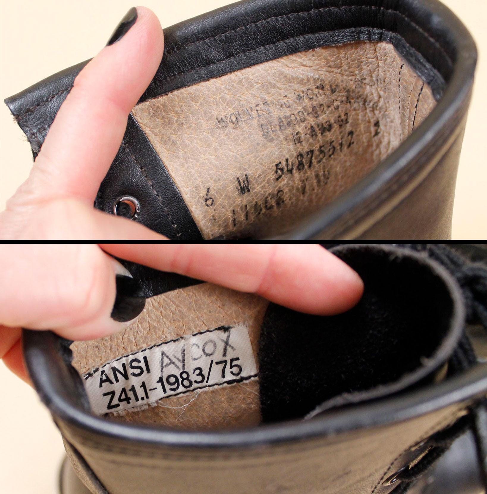 Vintage 1983 US Military Combat Boots 8R Black Leather Ro-Search DMS Punk Goth 80s 1983 Dated Vtg Black Leather Combat Boots Lace up Ankle  main image 2