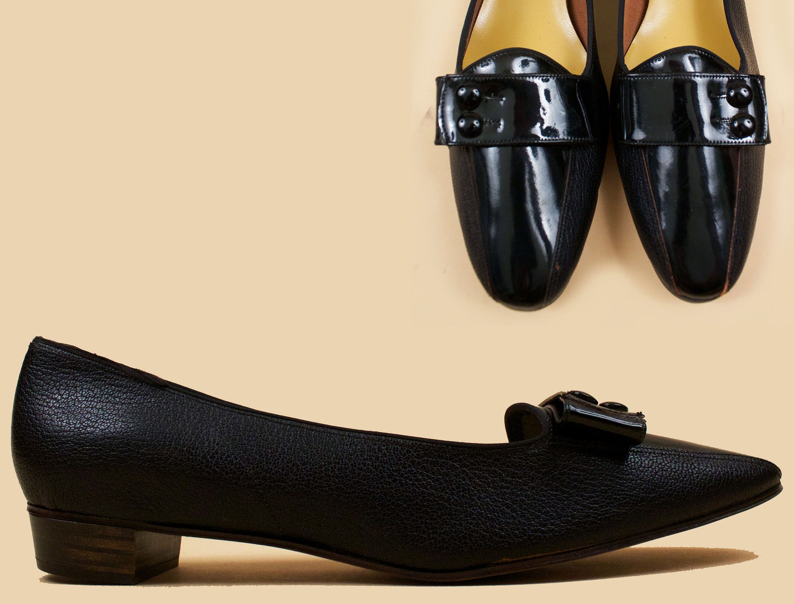 60s vtg deadstock leather & jet black vinyl pointed slip on low heel ballet slipper flats / mod gogo patent bow nwob 11.5 11 eu