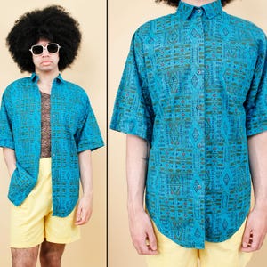 Vintage blouse uit de jaren 80 van 100% katoen met blauwe print in zuidwestelijke stijl, met knoopsluiting en kraag, damesmaat M (B38" W36" H36" L30").