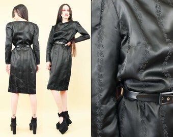 50s Vtg Black Satin Chinese Character Long Sleeve Knee Length Dress Women's Small B 37" W 28" H 38