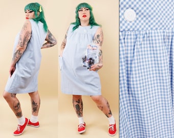 60s Vtg Shift Dress Gingham Baby Blue White Dress Volup Plus Size L-1X B44" W48" H50" L37"