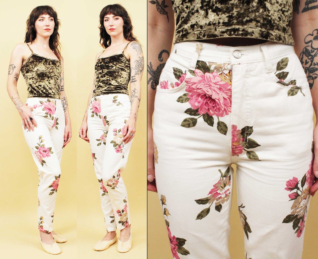 Vintage 80s 90s Floral Print Pants Flower White Pink Cropped