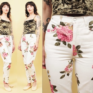 80s Vtg Frederick&#39;s of Hollywood Rose Print Cotton Denim White Floral Jeans High Waisted Tapered Leg Pants Women&#39;s tag 7 Xs Sm