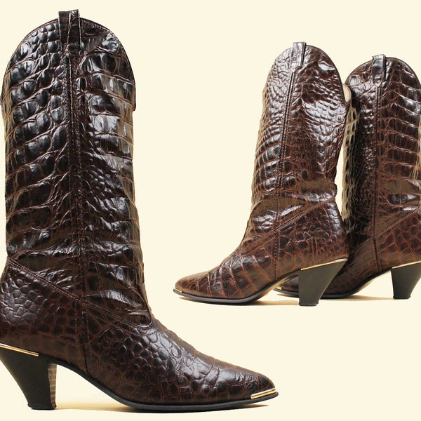 70s 80s Vtg Brown Alligator Reptile Leather Western Cowboy Boots High Heel Pointy Metal Toe Tip Detail ACME Women's US 8 EU 38.5