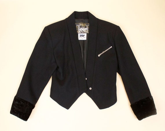 80s Vtg Black Wool & Faux Fur Zipper PARASUCO Des… - image 2