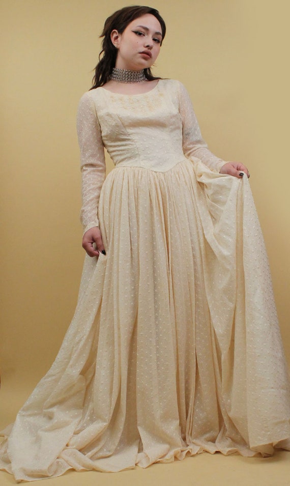 50s 60s Vtg Wedding Bridal Gown Embroidered Lace … - image 2