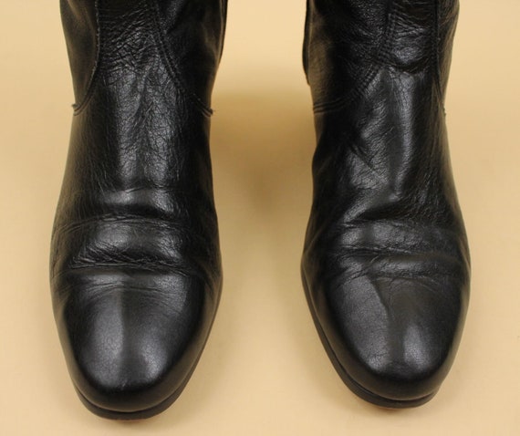 70s Vtg Black Leather Knee High Boot Zip Up Mod G… - image 5