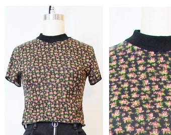 Black Pink Ditsy Floral Grunge 90s Inspired Crop Top