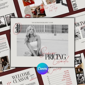 May include: A senior pricing guide with a black and white photo of a woman. The guide includes the text "Senior Pricing Guide" and "Welcome Class of '27". The Canva logo is visible.