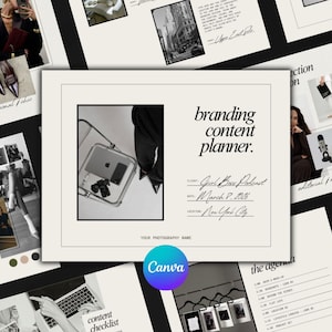 Op de afbeelding: Een branding content planner met de tekst "branding content planner". De planner bevat een foto van een laptop, telefoon en camera op een doorzichtige stoel. Andere afbeeldingen en tekst zijn rond de planner gerangschikt.
