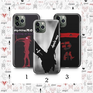 May include: Three black phone cases with Depeche Mode designs. One case features the band's name and a red figure, another has a black and white graphic of hands, and the third displays the band's name and a red design.