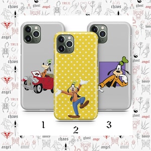 May include: Three phone cases featuring Goofy from Disney. One case is yellow with white stars, another is gray with Goofy in a red car, and the third is gray with Goofy in a purple square. The cases are numbered 1, 2, and 3.