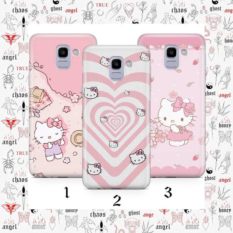 Funda de teléfono Hello Kitty KK3 para Samsung Galaxy A3, A5, A6, A7, A8, J3, J5, J6 y J7, diseño japonés de gatito blanco de dibujos animados. imagen 1