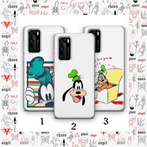 May include: Three white phone cases with cartoon character designs. One case features Goofy in a green hat and a striped background. Another shows Goofy's face, and the third has Goofy in a box with the text "for you".