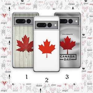 May include: Three phone cases with a Canadian theme. One case has a red maple leaf on a white background, another has a red maple leaf on a wood grain background, and the third has a red maple leaf with "CANADA DAY" text.