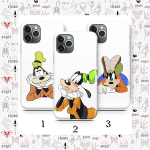 May include: White phone cases with cartoon images of Goofy in different poses. The cases are numbered 1, 2, and 3. The background features a repeating pattern of tattoo-style illustrations and words such as "angel" and "chaos".