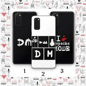 Könnte beinhalten: Drei Handyhüllen mit Depeche Mode-Designs. Die Hüllen sind schwarz und weiß und zeigen das Logo der Band und Albumkunst. Der Hintergrund hat ein sich wiederholendes Muster aus Tätowierungen und Illustrationen.