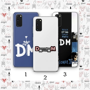 May include: Three phone cases with Depeche Mode designs. One is blue with "DM" and a rose, another is white with the band's logo, and the third is black and white with "Reach Out and Touch Faith" and "DM".