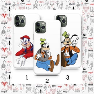 May include: Three white phone cases featuring cartoon character Goofy in different poses. Goofy is wearing a red hat and jacket, a green hat and blue pants, and an orange vest and blue pants. The cases are numbered 1, 2, and 3.