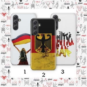 May include: Three smartphone cases featuring German-themed designs. Case 1 shows a person with a backpack holding a German flag. Case 2 displays the German flag with a black eagle emblem. Case 3 features the word DEUTSCHLAND in the flag colors.