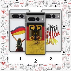 May include: Three phone cases with German-themed designs. One case features a person holding a German flag, another displays the German coat of arms, and the third has a map of Germany with text. The background has tattoo-style illustrations.