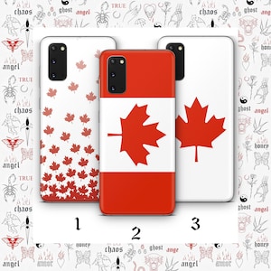 May include: Three phone cases with different designs. One case features a red and white Canadian flag, another has a pattern of red maple leaves, and the third has a single red maple leaf on a white background. The cases are numbered 1, 2, and 3.