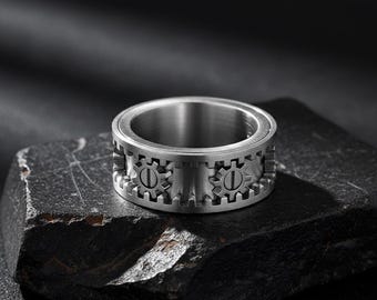 Anillo giratorio con engranajes Steampunk • Banda antiestrés gótica de acero inoxidable