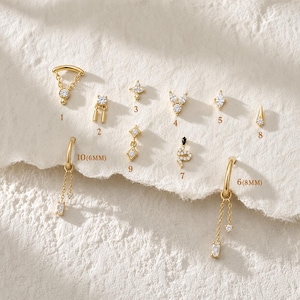 925 Silver Guld Brosk Örhängesset • 10-delars kurerade öronstapel • Set med platt baksida örhängen • Tragus Helix Conch • Present till henne