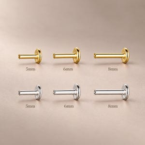 May include: A collection of six flat-back labret studs arranged in two rows. The top row features three gold-tone studs in 5mm, 6mm, and 8mm lengths. The bottom row features three silver-tone studs in 5mm, 6mm, and 8mm lengths.