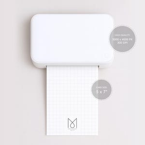 May include: A white printer with a card emerging, displaying a grid pattern. The card size is 5 x 7 inches. The image is high-quality, 5000 x 4000 px at 300 DPI. The logo of the brand is at the bottom of the card.