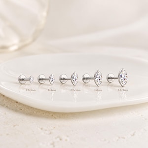 Moissanit Marquise Örhängen Platt Baksida • 925 Silver Eleganta Örhängen • Brosk Helix Tragus Örhängen • Diamant Piercing