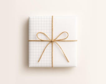 Gift Wrap Mockup with Jute Twine Bow, Square Gift Box Packaging PSD, Minimal Clean Background, Smart Object Template