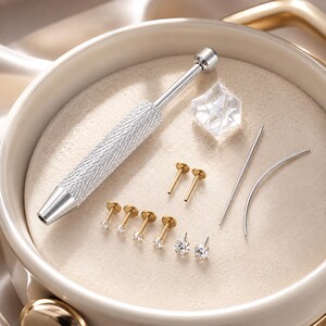 Op de afbeelding: Een zilverkleurig metalen inbrenginstrument met een getextureerde grip, een helder gefacetteerd kristal, twee dunne zilveren naalden en een verzameling goudkleurige oorknopjes met platte achterkant en kleine heldere steentjes op een beige ondergrond.