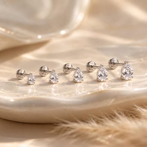Moissanite Flat Back Earrings Set • 925 Silver Pear Teardrop Screw Back • Cartilage Helix Tragus Earrings • Wedding Gift Earrings