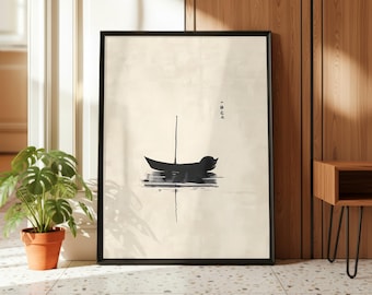 Japandi Wall Art – Zen Boat on Water Sumi-e (Digital Download)