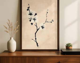 Japandi pruimenbloesemprint, minimalistische sakuratakkunst, zen-muurdecoratie
