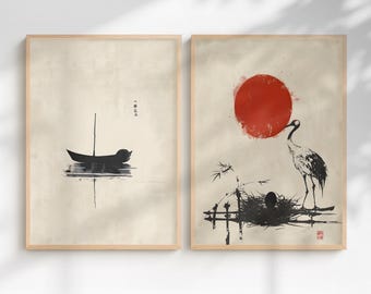 Japandi Wall Art Set - Zen Boot & Kranich mit Roter Sonne (Digitaler Download)