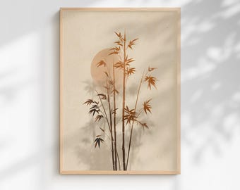 Könnte beinhalten: Ein gerahmter Kunstdruck mit einem minimalistischen Design aus Bambusstängeln und Blättern in Braun- und Schwarztönen vor einem beigefarbenen Hintergrund. Im Hintergrund befindet sich eine pfirsichfarbene Sonnenform. Der Druck ist in einem hellen Holzrahmen.