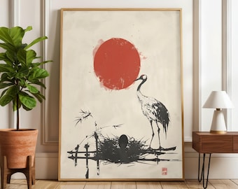 Japandi Wall Art - Zen Kranich & Rote Sonne Sumi-e (Digitaler Download)