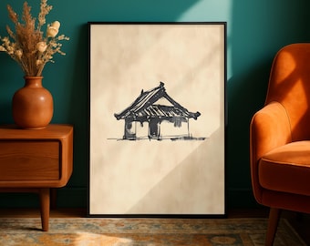 Puede incluir: Dibujo a tinta en blanco y negro de un edificio tradicional japonés con tejado de tejas, enmarcado en negro. La obra de arte se exhibe sobre un fondo beige. La imagen está en una habitación con una pared verde azulado, una silla naranja y una mesita de noche de madera.