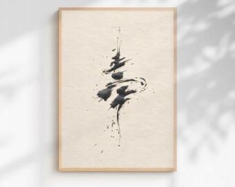 Puede incluir: Pintura abstracta en tinta negra sobre fondo crema, enmarcada en madera clara. La obra presenta una composición dinámica de salpicaduras y pinceladas, creando una sensación de movimiento. El diseño recuerda a la caligrafía japonesa.