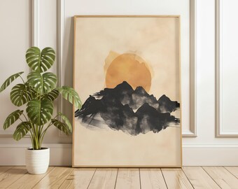 Japandi Berg Wand Kunst zum ausdrucken, japanische Landschaft Poster, Neutral Sun Dekor Download