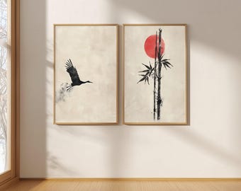 Minimalistischer Kran und Rote Sonne Bambus Japandi Wand Kunst Set (Digitaler Download)