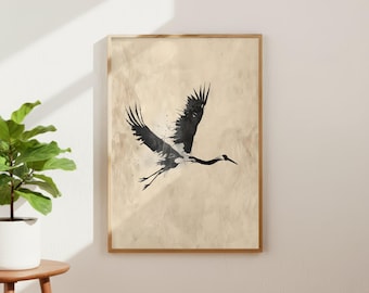 Japandi Flying Crane Art Printable, Minimalist Japanese Bird Poster, Neutral Wall Decor Download