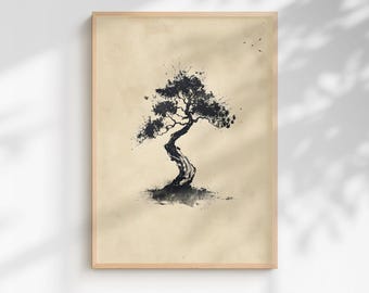 Japandi Tree Wall Art, Minimalist Ink Printable, Neutral Japanese Poster, Digital Download Decor