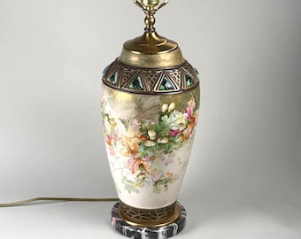 Ernst Wahliss Turn Vienna Antique Porcelain Vase Lamp | Art Nouveau Jeweled Oak Leaf Acorn | Hand Painted Austrian | c. 1900s