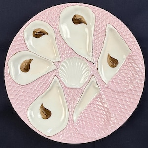 Two’s Company Pink Oyster Plate, Fishnet Pattern, 6-Well Oyster Dish, Coastal Serveware, Shell Serving Platter, Beach House Decor